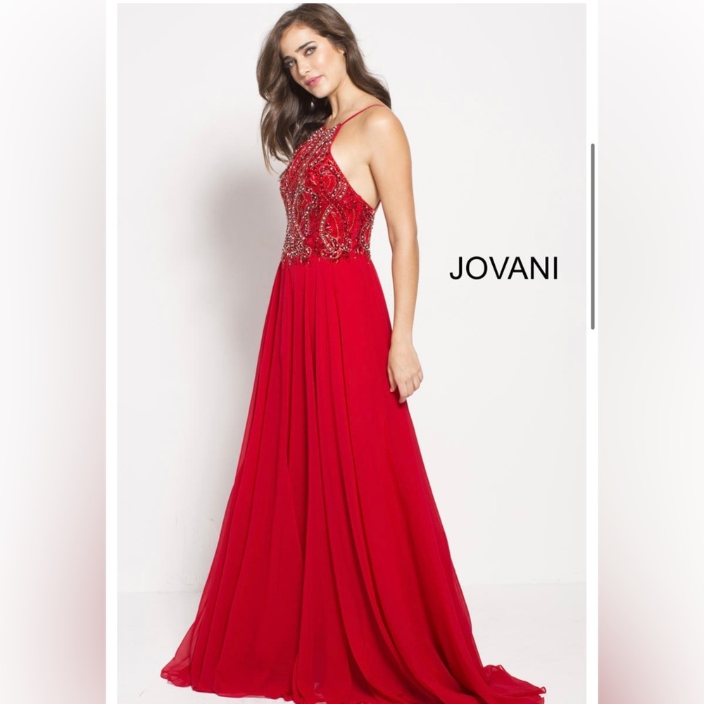 Jovanni Halter Keyhole Long Evening Dress